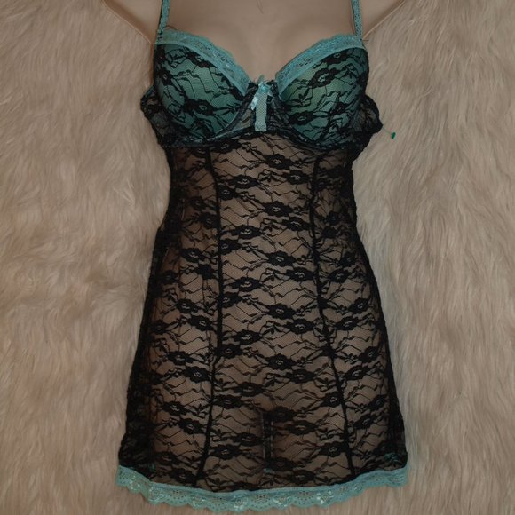 Elegance Other - LINGERIE Teal/Black Lace W/Panties SIZE L BY ELEGANCE NEW NO TAG